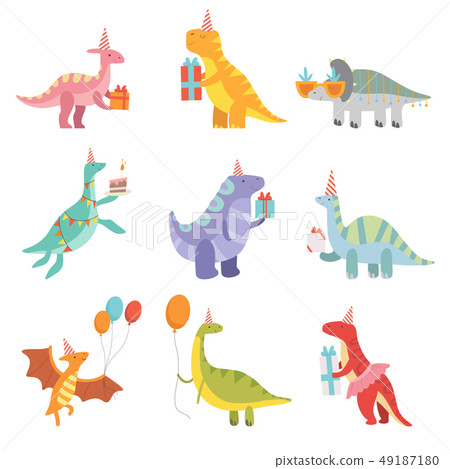 Collection of Cute Dinosaurs in Party Hats with Gift Boxes, Funny Blue Dino Characters, Happy 49187180