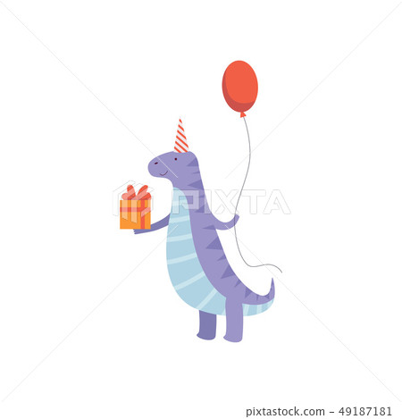Cute Dinosaur in Party Hat with Gift Box and Balloon, Funny Blue Dino Character, Happy Birthday 49187181