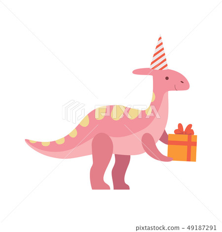 Cute Dinosaur in Party Hat Holding Gift Box, Funny Colorful Dino Character, Happy Birthday Party Cute Dinosaur in Party Hat Holding Gift Box, Funny Colorful Dino Character, Happy Birthday Party 49187291
