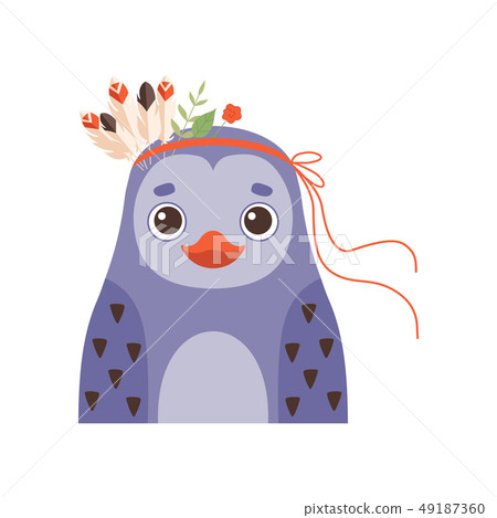 Cute Penguin Wearing Headdress with Feathers and Plants Vector Illustration 49187360