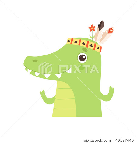 Cute Crocodile Animal Wearing Indian Traditional Tribal Headdress with Feathers Vector Illustration 49187449