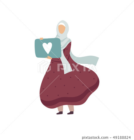 Muslim Woman Holding Signboard with Heart, Modern Arab Girl in Traditional Clothing Vector 49188824