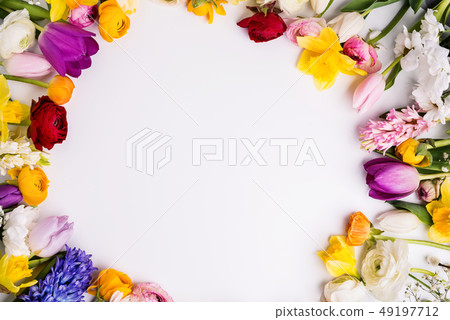 Easter and spring flat lay on a white background. Copy space. 49197712