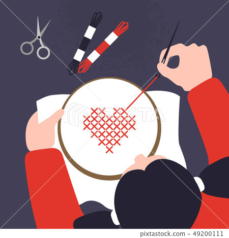 Top view of a table with cross stitching hands. illustration of sewing workshop. Creative craftwork Top view of a table with cross stitching hands. illustration of sewing workshop. Creative craftwork 49200111