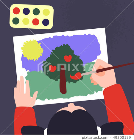 Top view of a table with draw hands. illustration of painting workshop. Creative art lab template 49200159