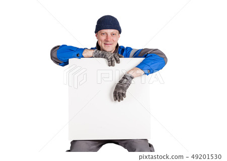 Friendly construction worker holding a blank, white sign. Isolated on white 49201530