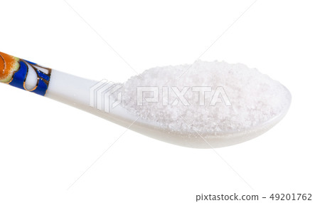view of chinese spoon with fine Sea Salt close up 49201762