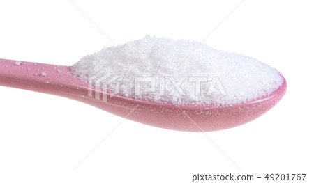 view of ceramic spoon with fine Sea Salt close up 49201767