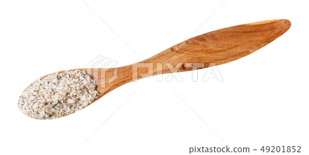 top view of wooden salt spoon with seasoned salt 49201852