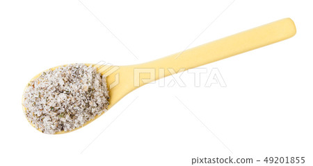 top view of ceramic spoon with seasoned salt 49201855