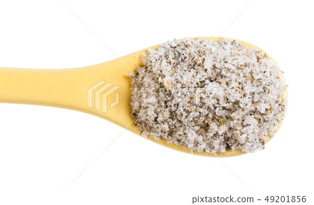 top view ceramic spoon with seasoned salt close up 49201856