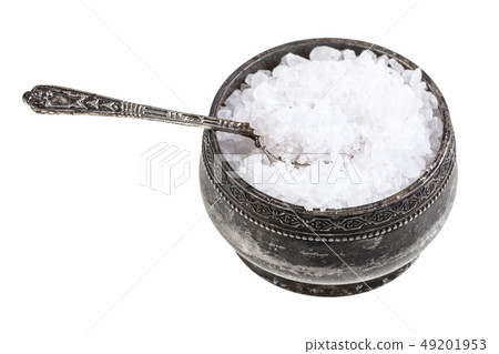 silver salt cellar with spoon with coarse Sea Salt silver salt cellar with spoon with coarse Sea Salt 49201953