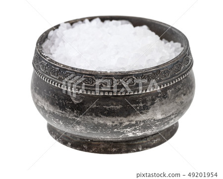 side view silver salt cellar with coarse Sea Salt 49201954