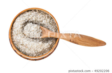 wooden salt cellar with spoon with seasoned salt 49202206