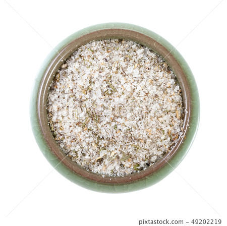 top view of ceramic salt cellar with seasoned salt 49202219