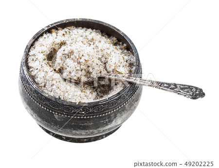 silver salt cellar with spoon with seasoned salt 49202225