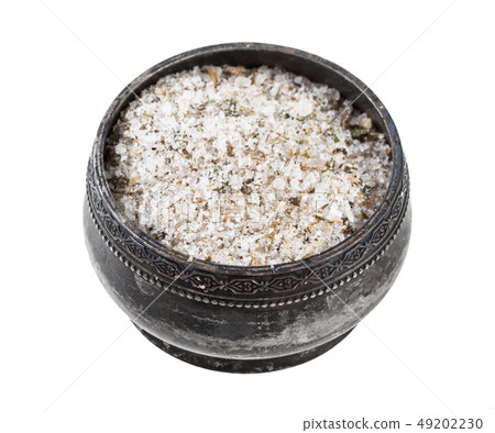 silver salt cellar with seasoned salt with spices 49202230