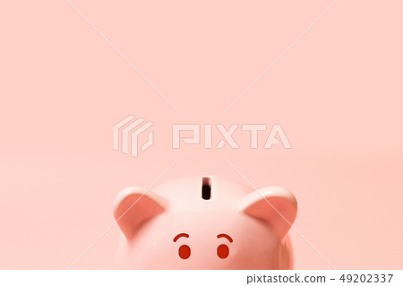 Cute piggy bank on background, top view Cute piggy bank on background, top view 49202337