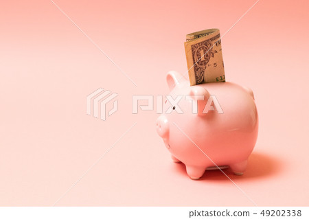 Piggy bank with dollar on living coral background. Commercial concept Piggy bank with dollar on living coral background. Commercial concept 49202338