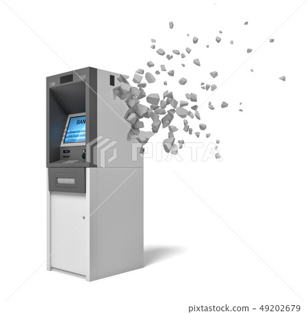 3d rendering of white and gray ATM starting to dissolve into pieces from its back side on white 49202679