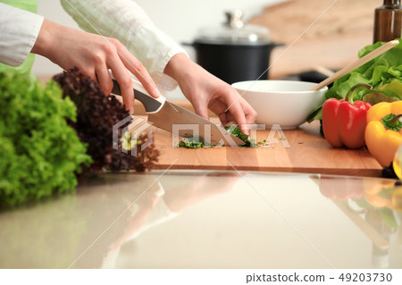 Unknown human hands cooking in kitchen. Woman is busy with vegetable salad. Healthy meal, and Unknown human hands cooking in kitchen. Woman is busy with vegetable salad. Healthy meal, and 49203730