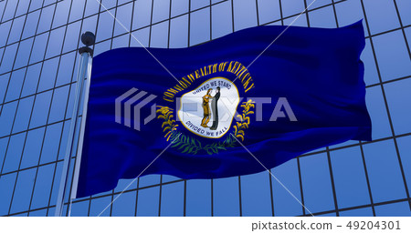 Kentucky flag on skyscraper building background. Kentucky flag on skyscraper building background. 49204301