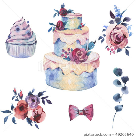 Watercolor Set of Wedding Cake with Red Roses. Hand Drawn Bakery Watercolor Set of Wedding Cake with Red Roses. Hand Drawn Bakery 49205640