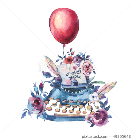 Vintage Watercolor Typewriter, Roses, Anemones, Feathers, Air Ba 49205648