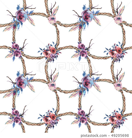 Watercolor floral rustic rope seamless pattern on white backgrou Watercolor floral rustic rope seamless pattern on white backgrou 49205698