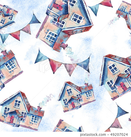 Watercolor cute house seamless pattern. Hand drawn sweet hom 49207024