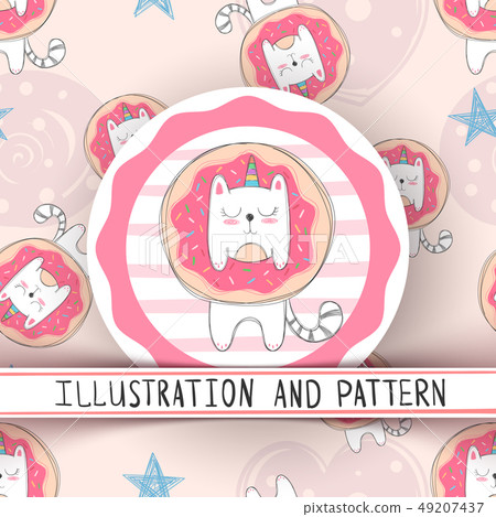Cute unicorn cat - seamless pattern. Cute unicorn cat - seamless pattern. 49207437