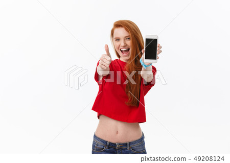 Portrait of adult student uniform beautiful girl show her smart phone. 49208124