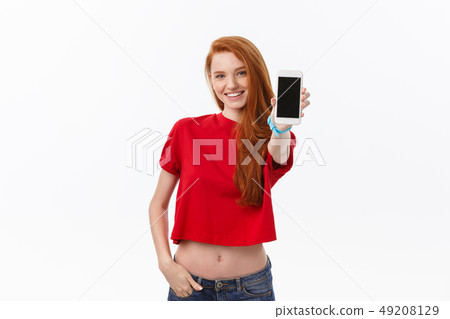 Portrait of adult student uniform beautiful girl show her smart phone. 49208129