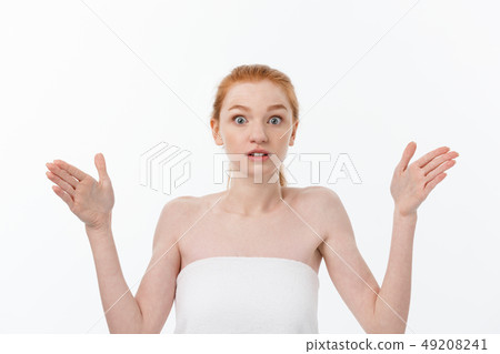 Skin care beauty woman showing empty palm with copy space for product. Excited smiling Caucasian 49208241