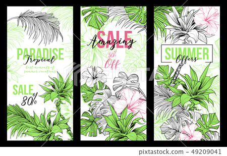 Paradise Sale or Offers vertical vector banners. Green palmae or jungle arecaceae. 49209041