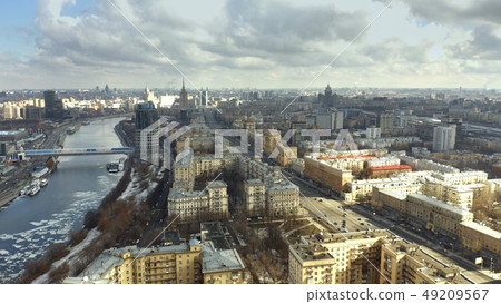 Aerial view of the Moscow river and Kutuzovsky Prospekt, a major radial avenue in Moscow. Russia 49209567
