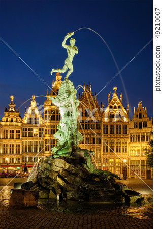 Antwerp Grote Markt with famous Brabo statue and fountain at night, Belgium Antwerp Grote Markt with famous Brabo statue and fountain at night, Belgium 49210007