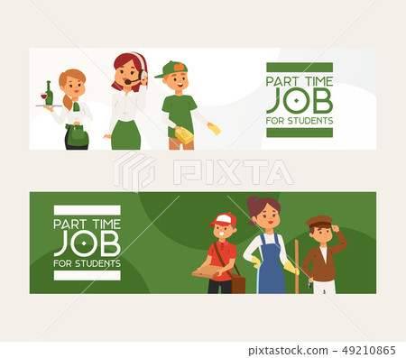 Part-time job vector young woman man character at part time work cleaner waitress in cafe and pizza Part-time job vector young woman man character at part time work cleaner waitress in cafe and pizza 49210865