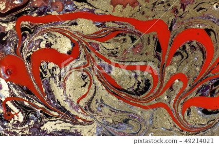 Red and black marbling pattern. Golden marble liquid texture. Red and black marbling pattern. Golden marble liquid texture. 49214021