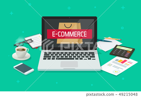 Ecommerce concept vector, working table desk with laptop computer analyzing online internet store 49215048