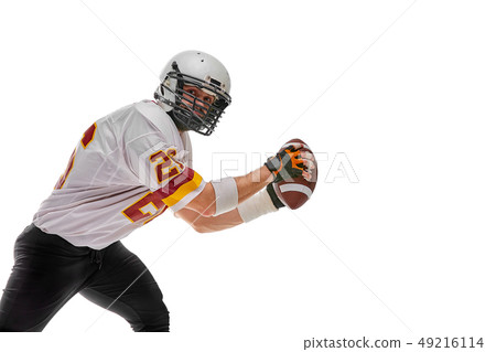 Football Player in action with ball in the hand isolated on white background. 49216114