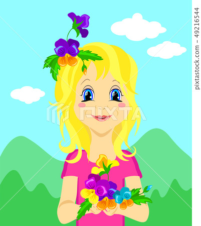 Cute girl with flowers for Children' s day or Cute girl with flowers for Children' s day or 49216544