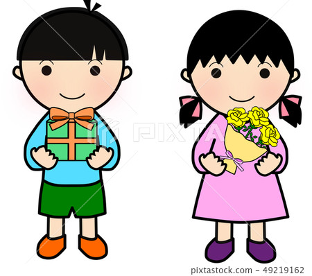 Boy and girl with a present and a bouquet of roses 49219162