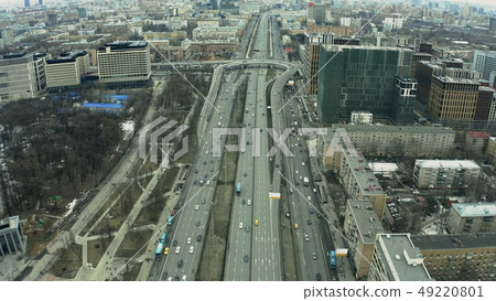 Aerial view of Leningradsky Prospekt avenue interchange within cityscape of Moscow. Russia 49220801