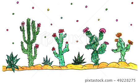 Pattern set with cacti and flowers on white 49228275