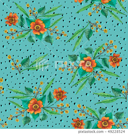 Orange flowers with willow branches on a turquoise 49228524