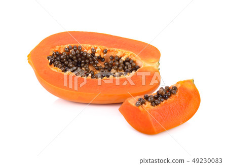 haft and portion cut ripe papaya with seeds on haft and portion cut ripe papaya with seeds on 49230083