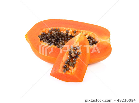 haft and portion cut ripe papaya with seeds on haft and portion cut ripe papaya with seeds on 49230084