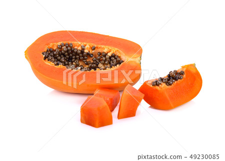 haft and portion cut ripe papaya with seeds on haft and portion cut ripe papaya with seeds on 49230085
