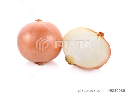 whole and half cut fresh onion on white background 49230086